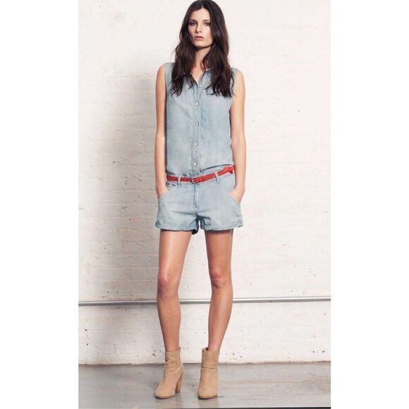 Rag & Bone Dumont Thin Denim Button Down Open Back Shorts Romper - Picture 2 of 7